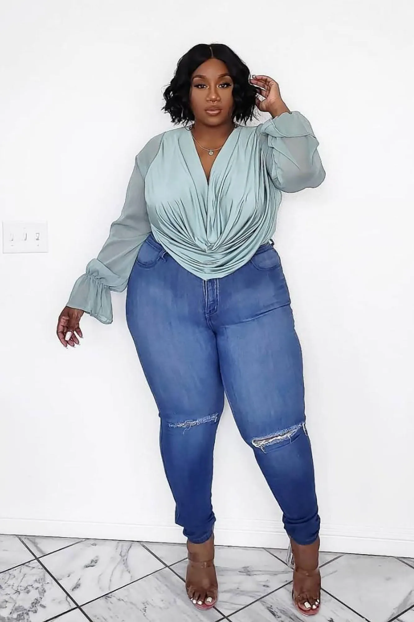 Anything Could Draped Bodysuit - Sage