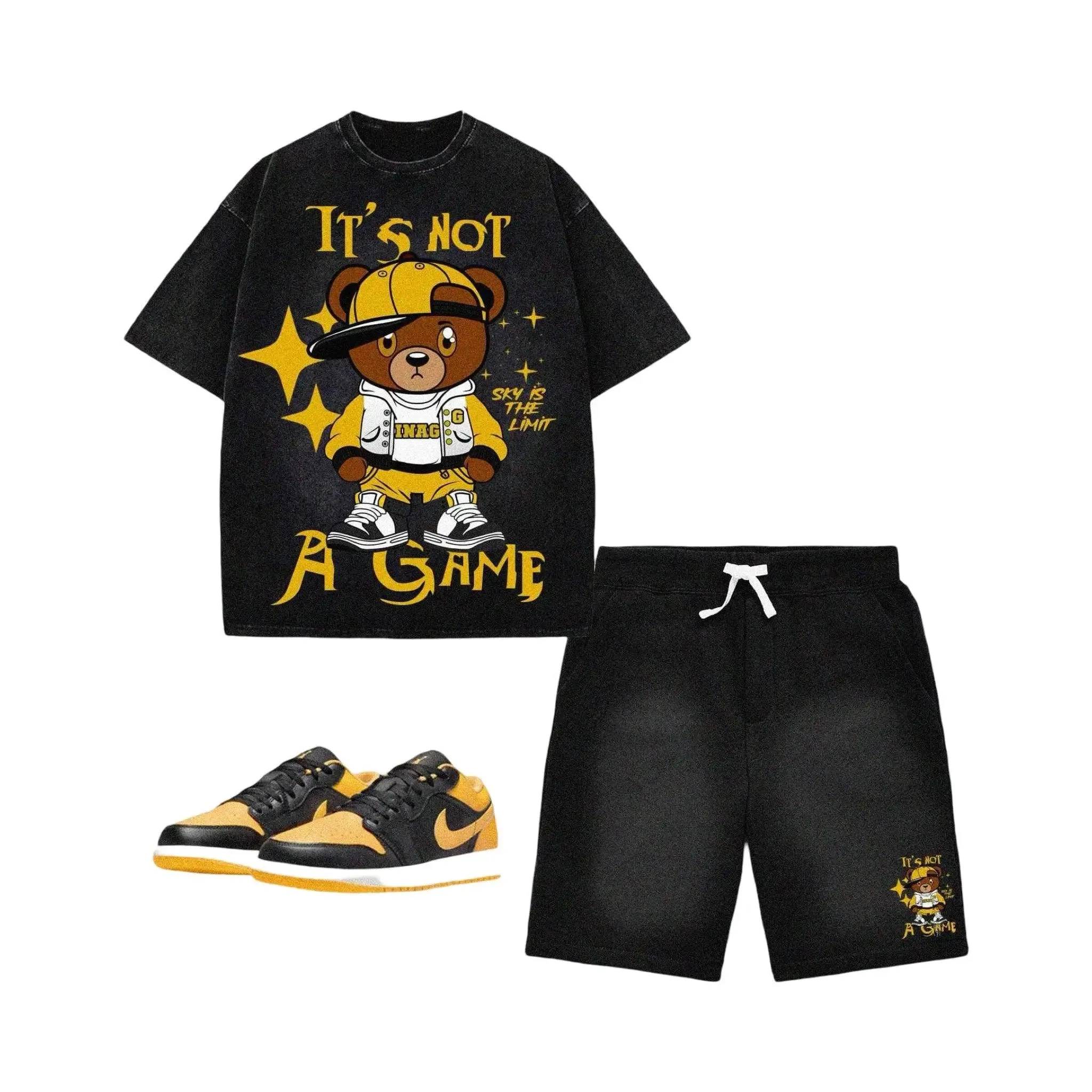 Black Acid Wash Bear Shorts Set