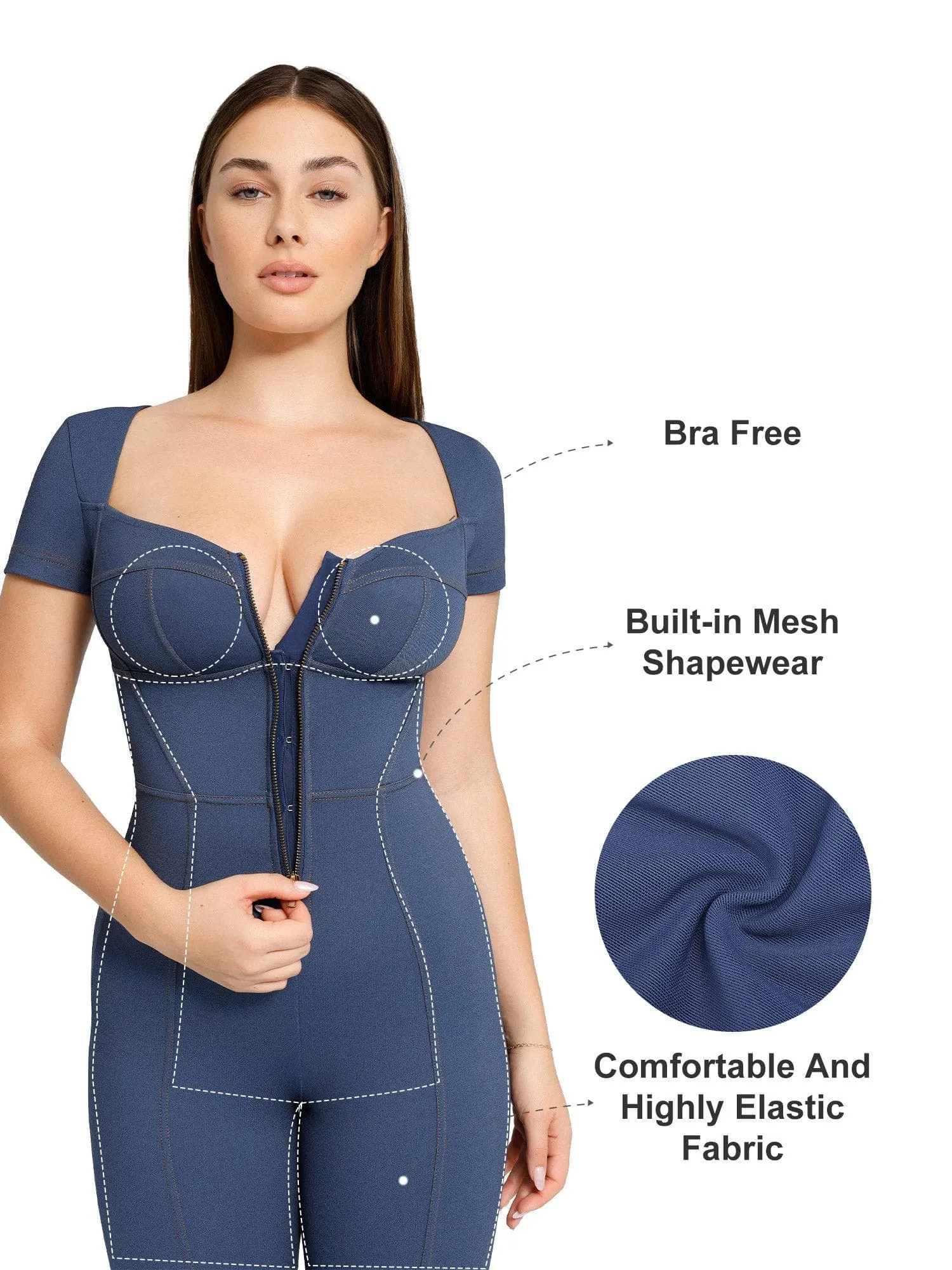 Built-In Shapewear Denim Jumpsuit With Zipper
