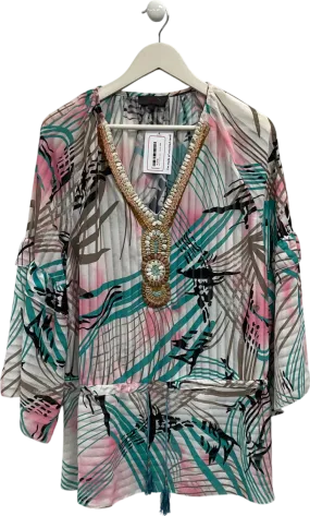 C1 Collection Multicoloured Embellished V Neck Tropical Print Tunic Dress UK M