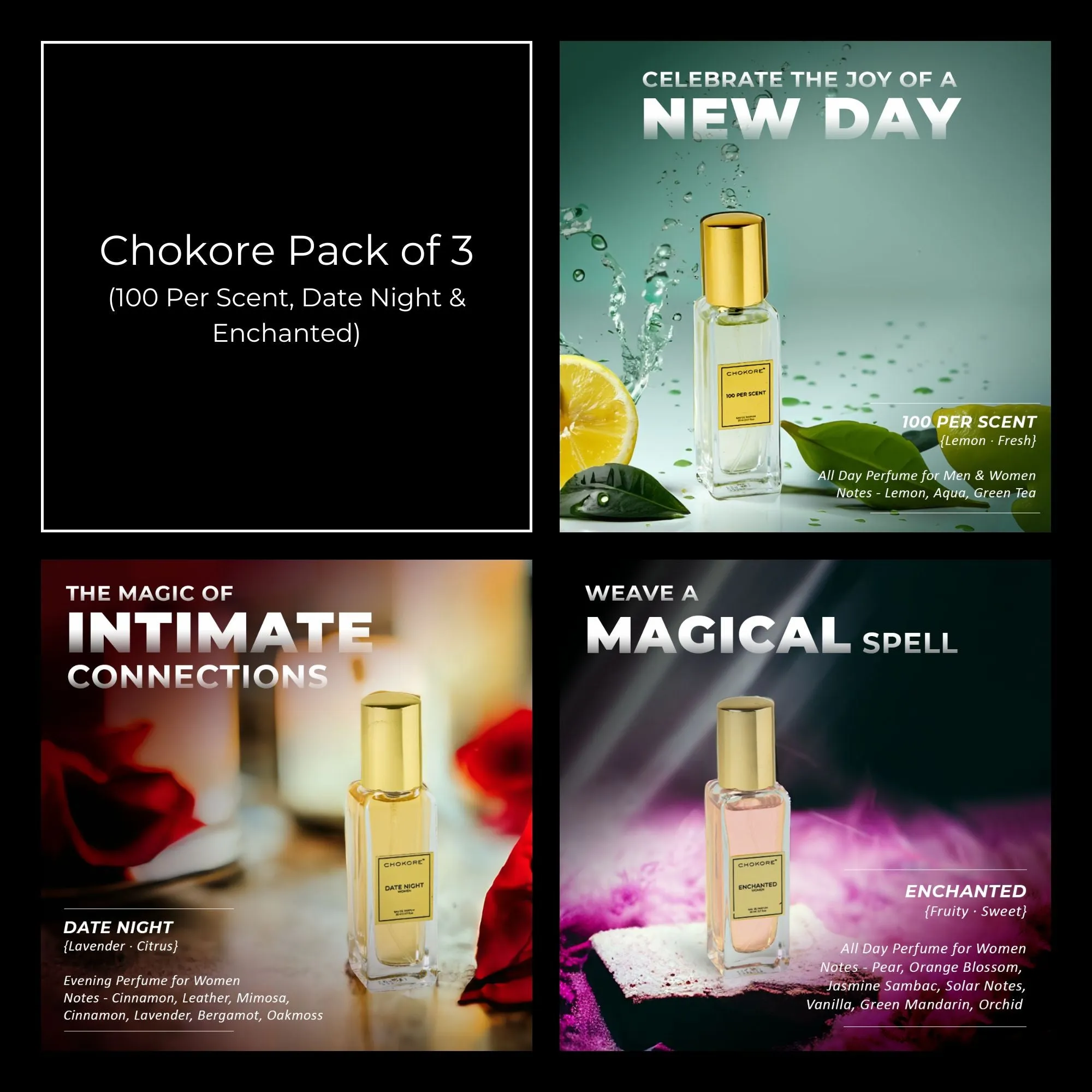 Chokore Perfume Combo Pack of 3 Only For Women (100 Per Scent, Date Night, & Enchanted) | 3 x 20 ml