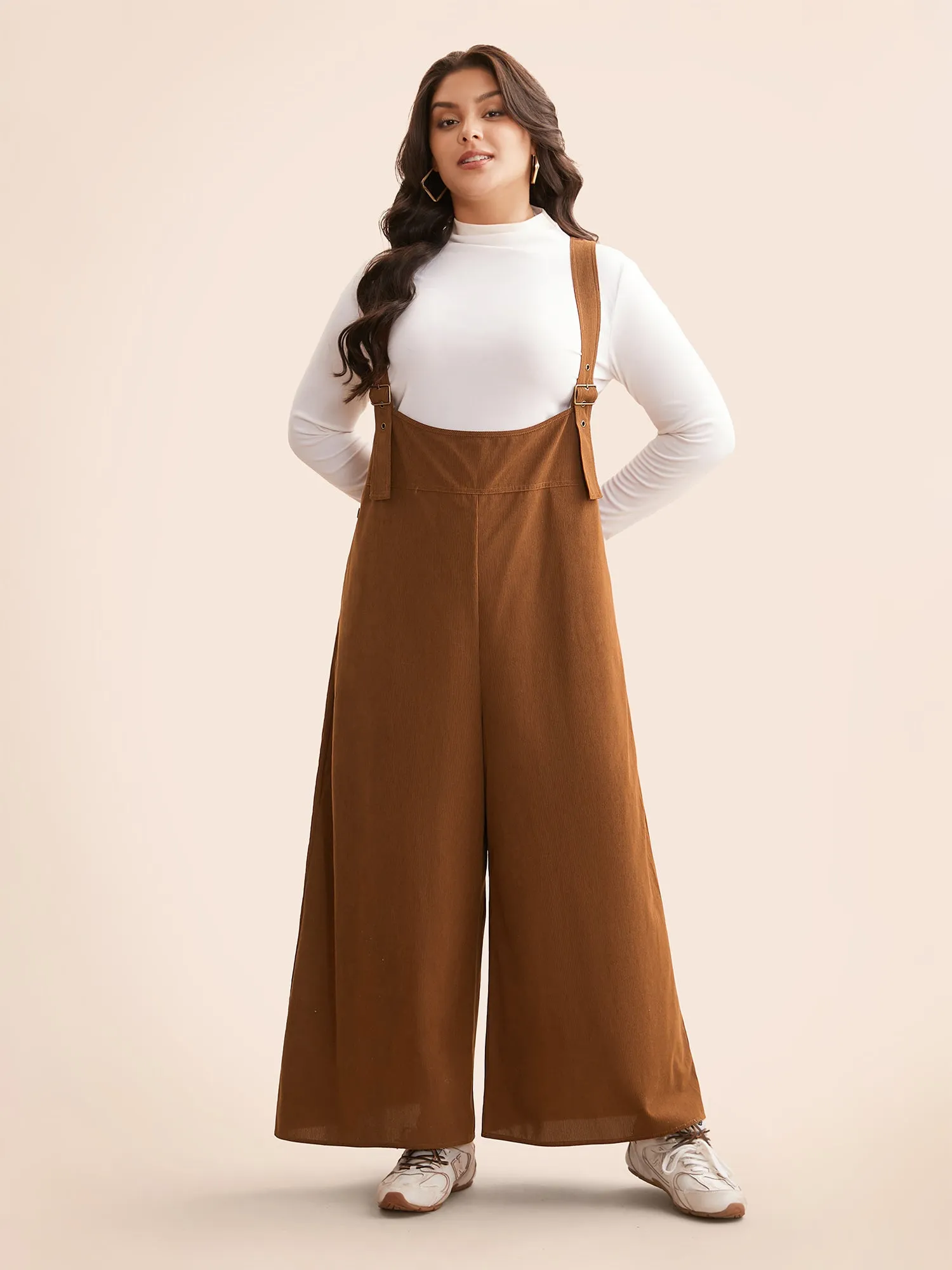 Corduroy Button Detail Adjustable Straps Jumpsuit