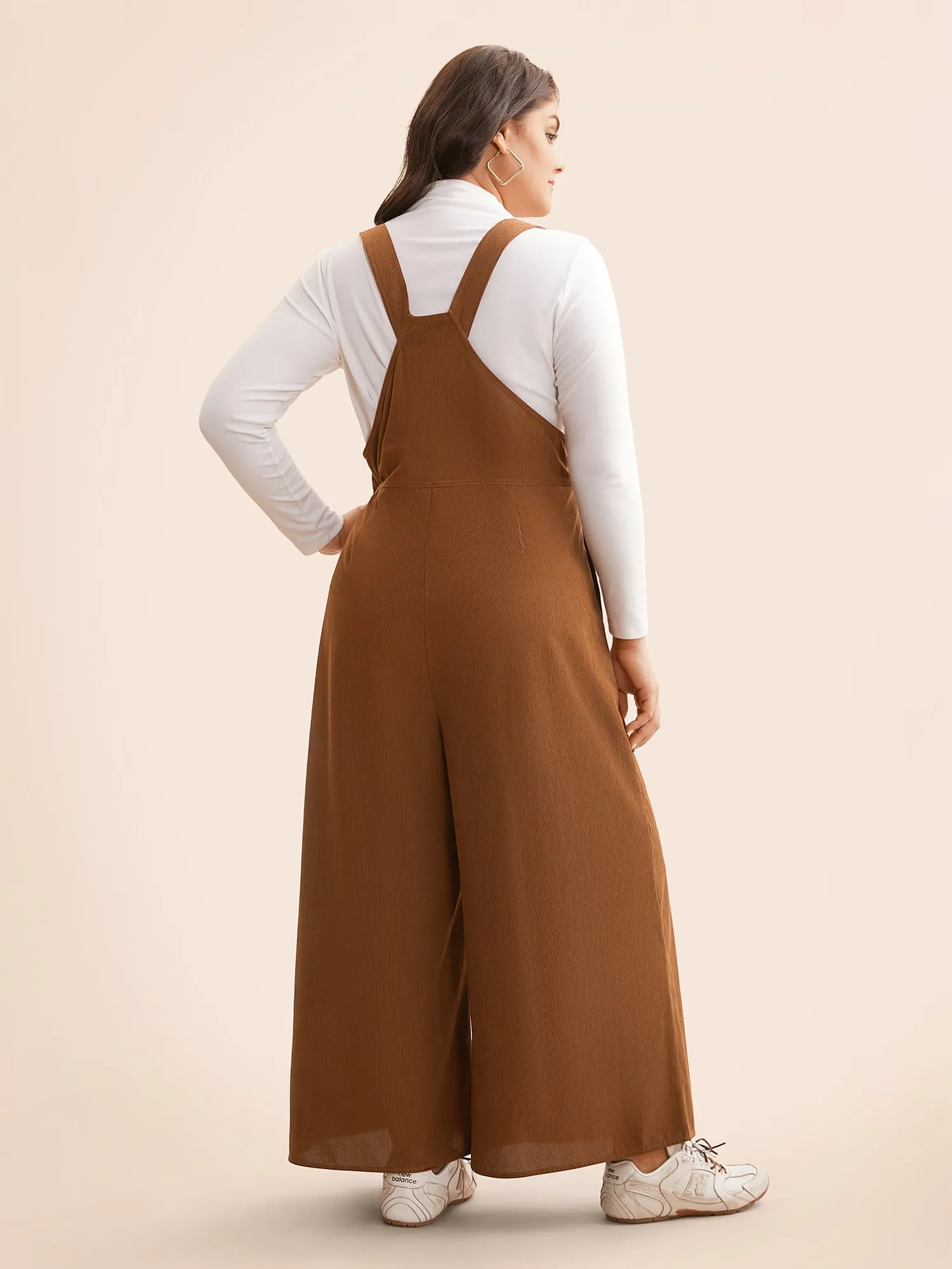 Corduroy Button Detail Adjustable Straps Jumpsuit