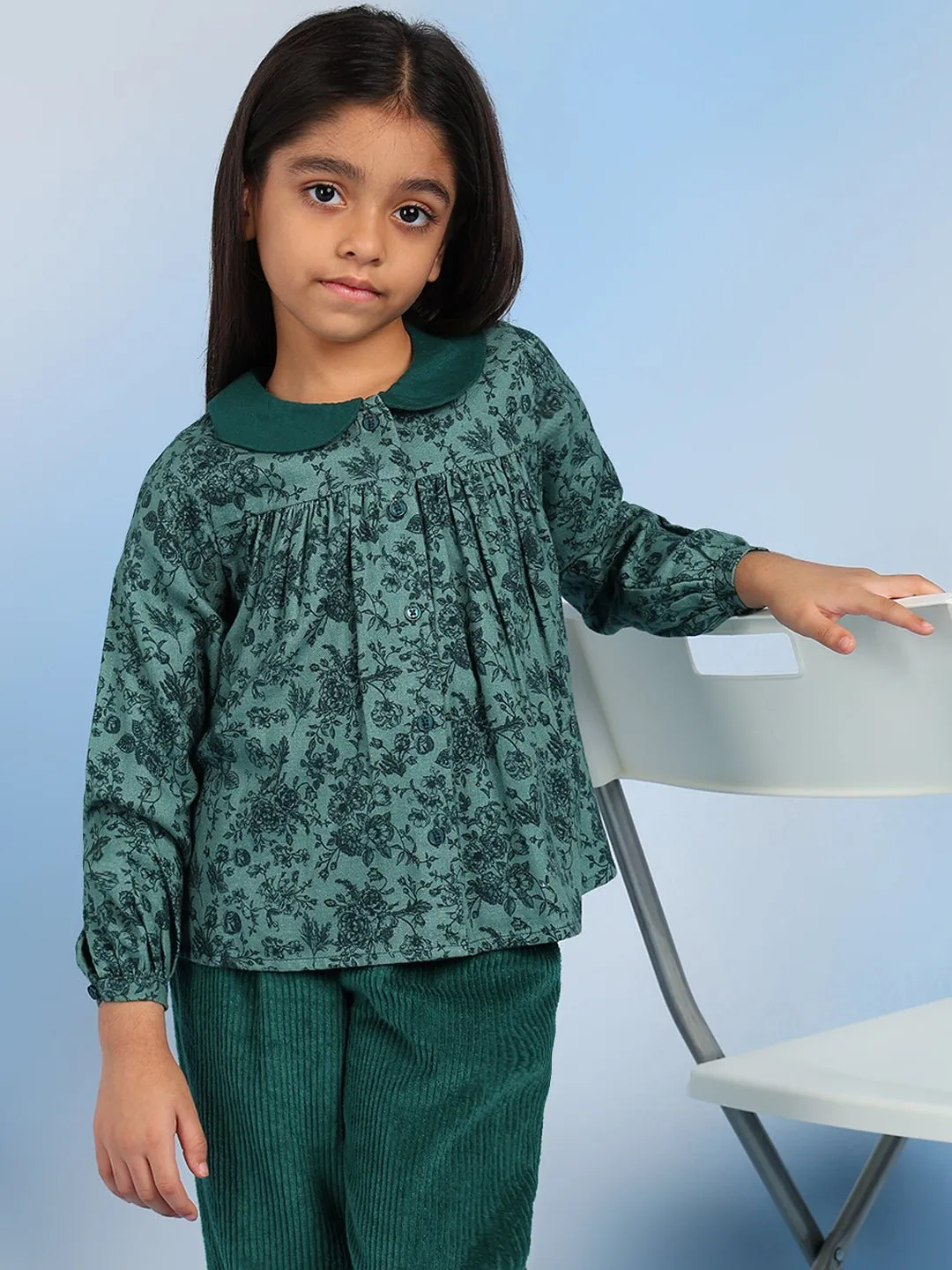 Cotton Floral Print Full Sleeves Girls Top With Corduroy Pants