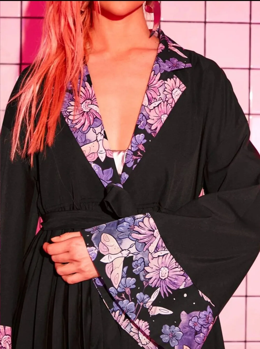 Floral Print Pleated Hem Belted Coat