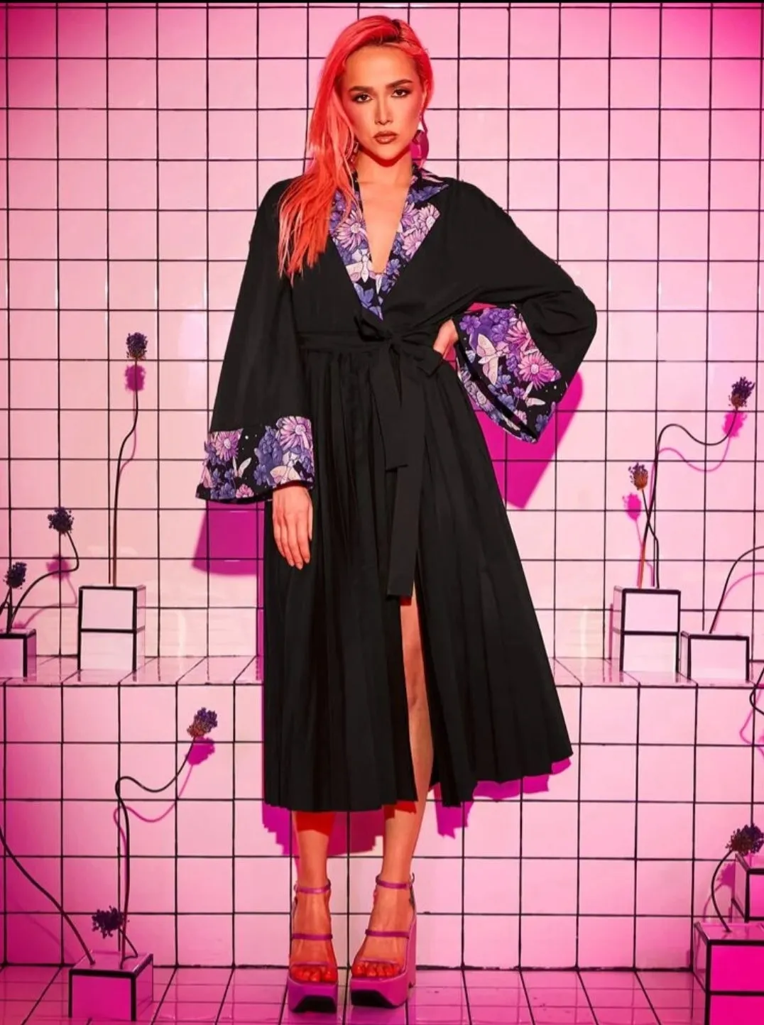 Floral Print Pleated Hem Belted Coat