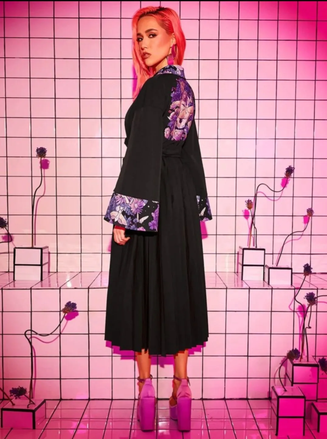 Floral Print Pleated Hem Belted Coat