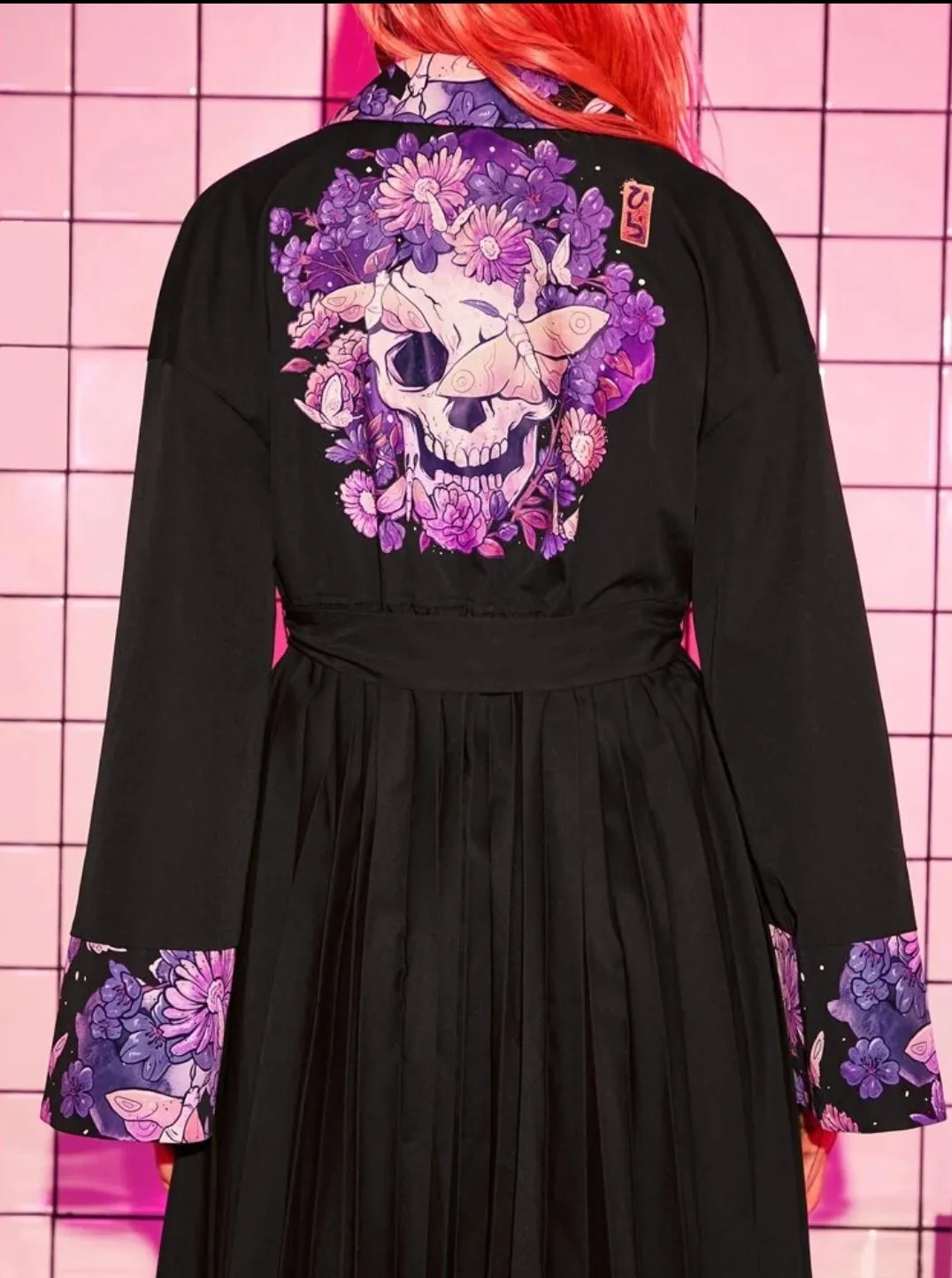 Floral Print Pleated Hem Belted Coat