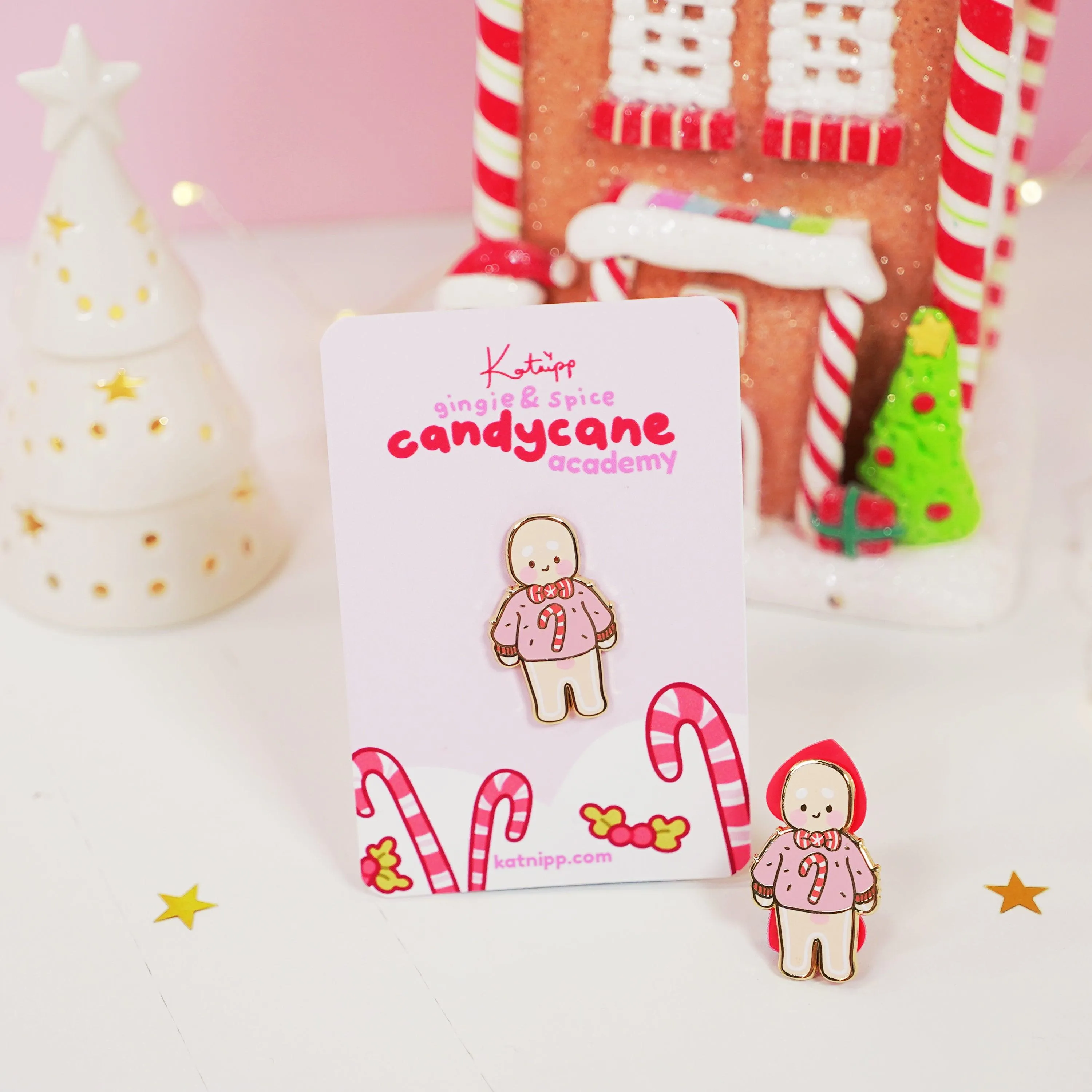 Gingie Candy Cane Jumper Enamel Pin | Cute Christmas Pin | Holiday Kawaii Accessory | Katnipp Studios