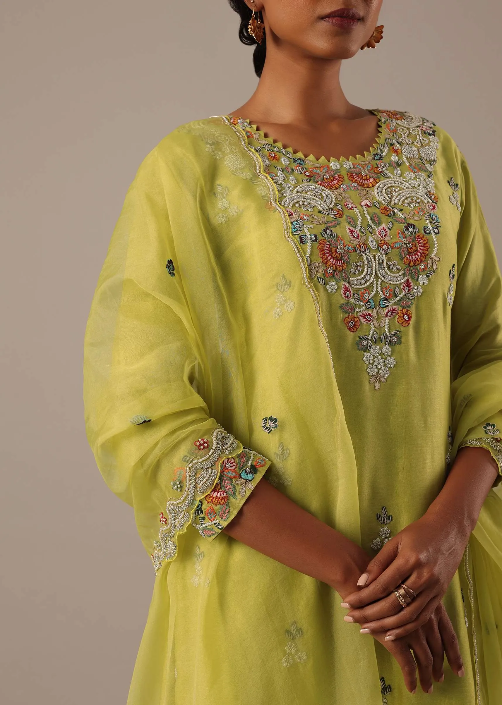 Green Hand Embroidered Kurta Set With Pearl Embellishments