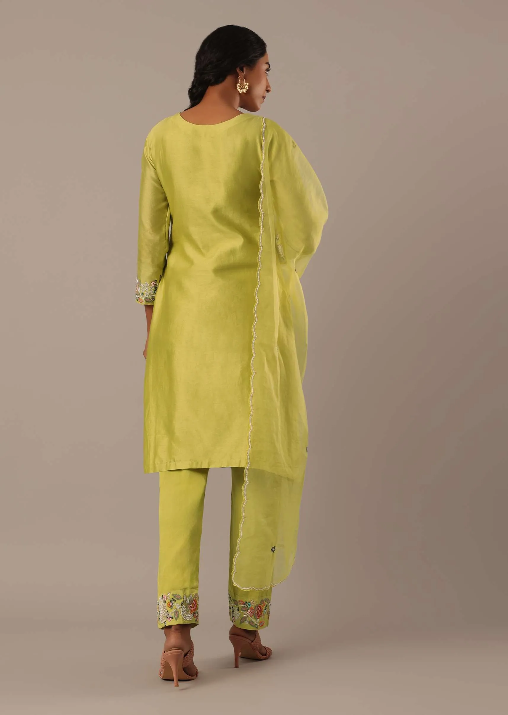 Green Hand Embroidered Kurta Set With Pearl Embellishments