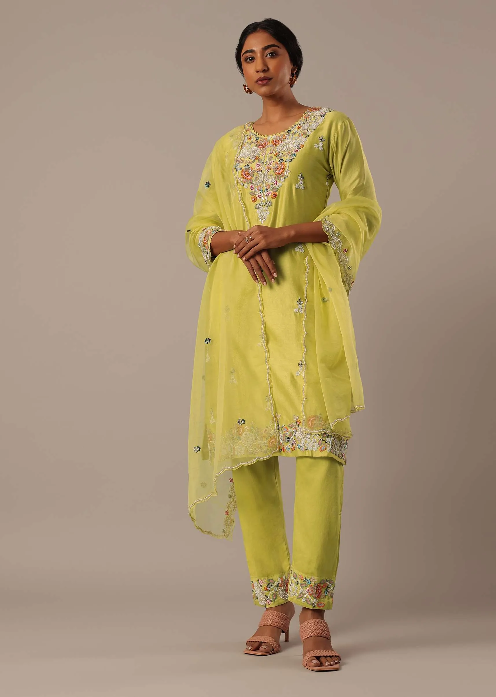 Green Hand Embroidered Kurta Set With Pearl Embellishments