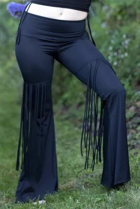 High Waisted Bell Bottom Fringe Pants - Black Sheen