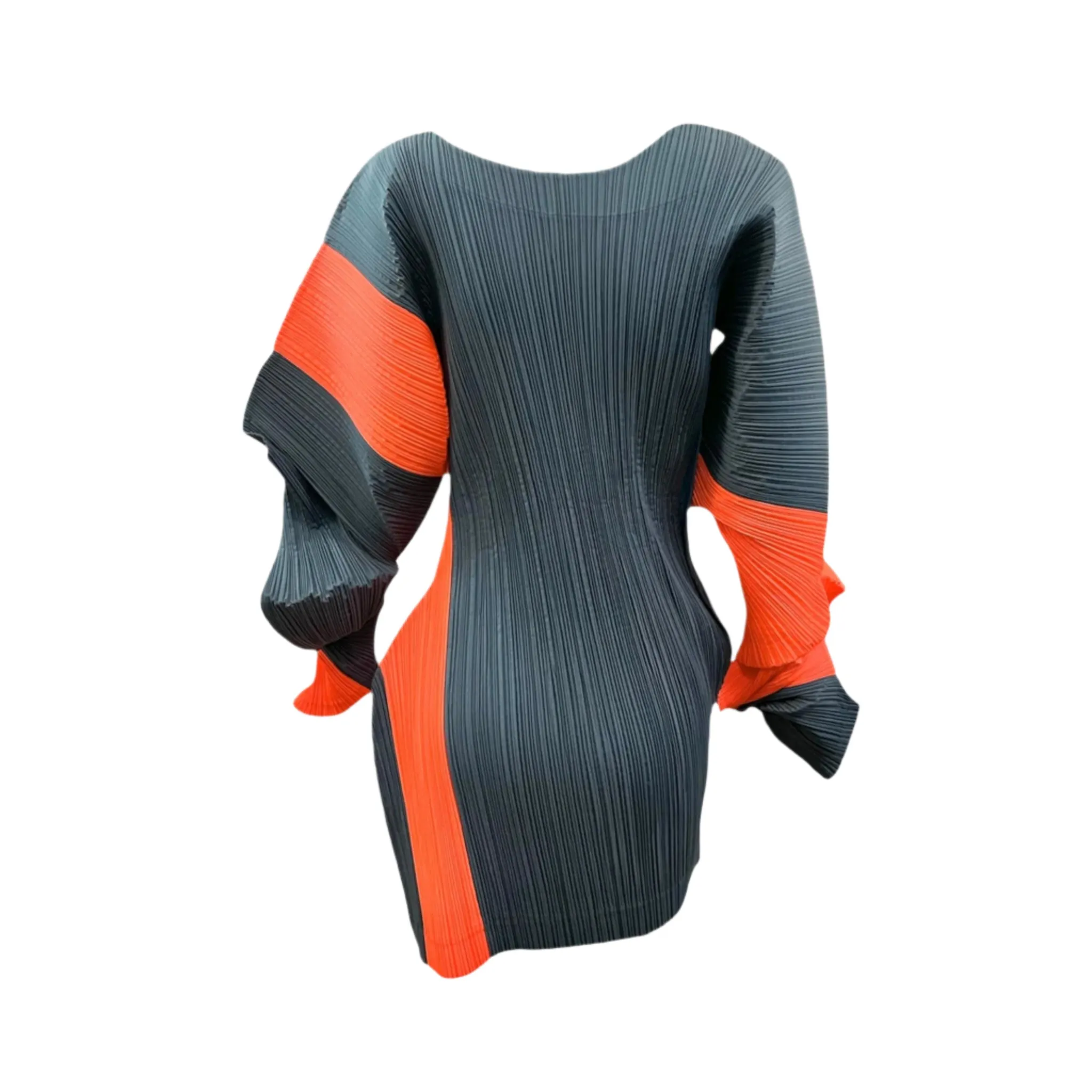 Issey Miyake S/S 1991 Grey and Orange Pleated Curved Sleeve Tunic Top Dress