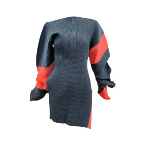 Issey Miyake S/S 1991 Grey and Orange Pleated Curved Sleeve Tunic Top Dress