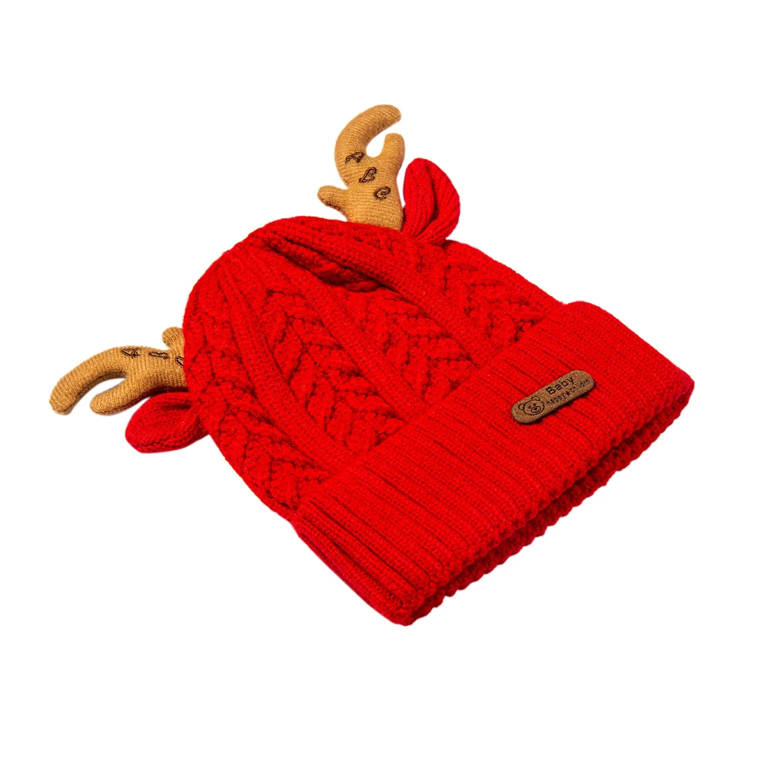 Knit Woollen Cap 3D Alphabet Antler Red