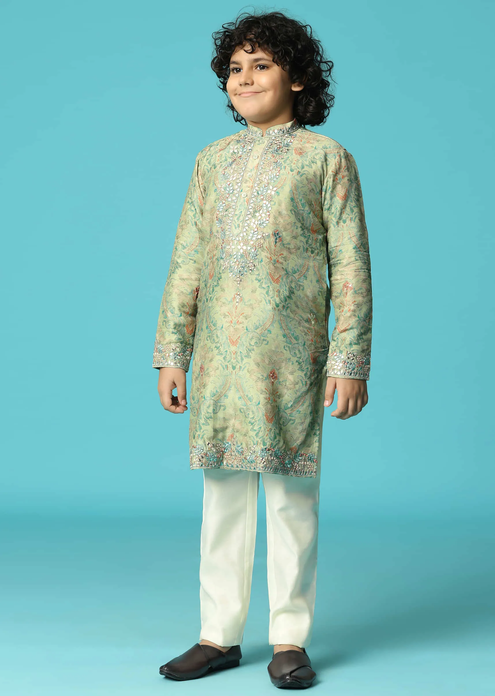 Mint Green Kurta Pant With Thread And Mirror Work For Boys