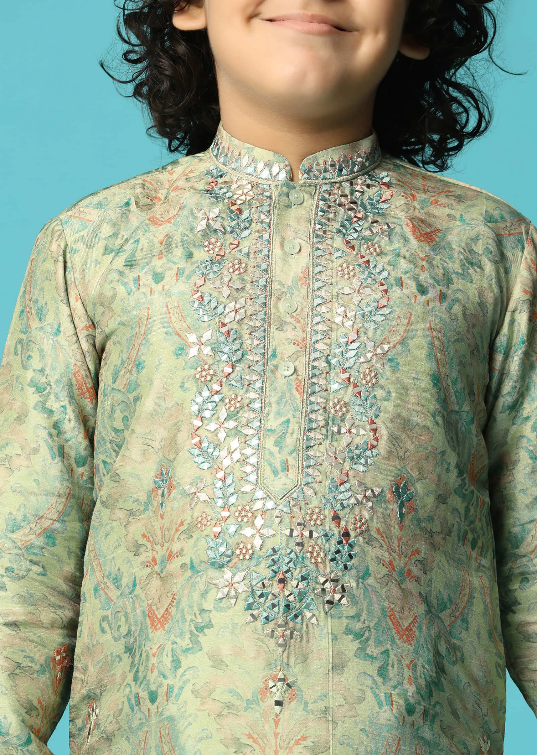 Mint Green Kurta Pant With Thread And Mirror Work For Boys