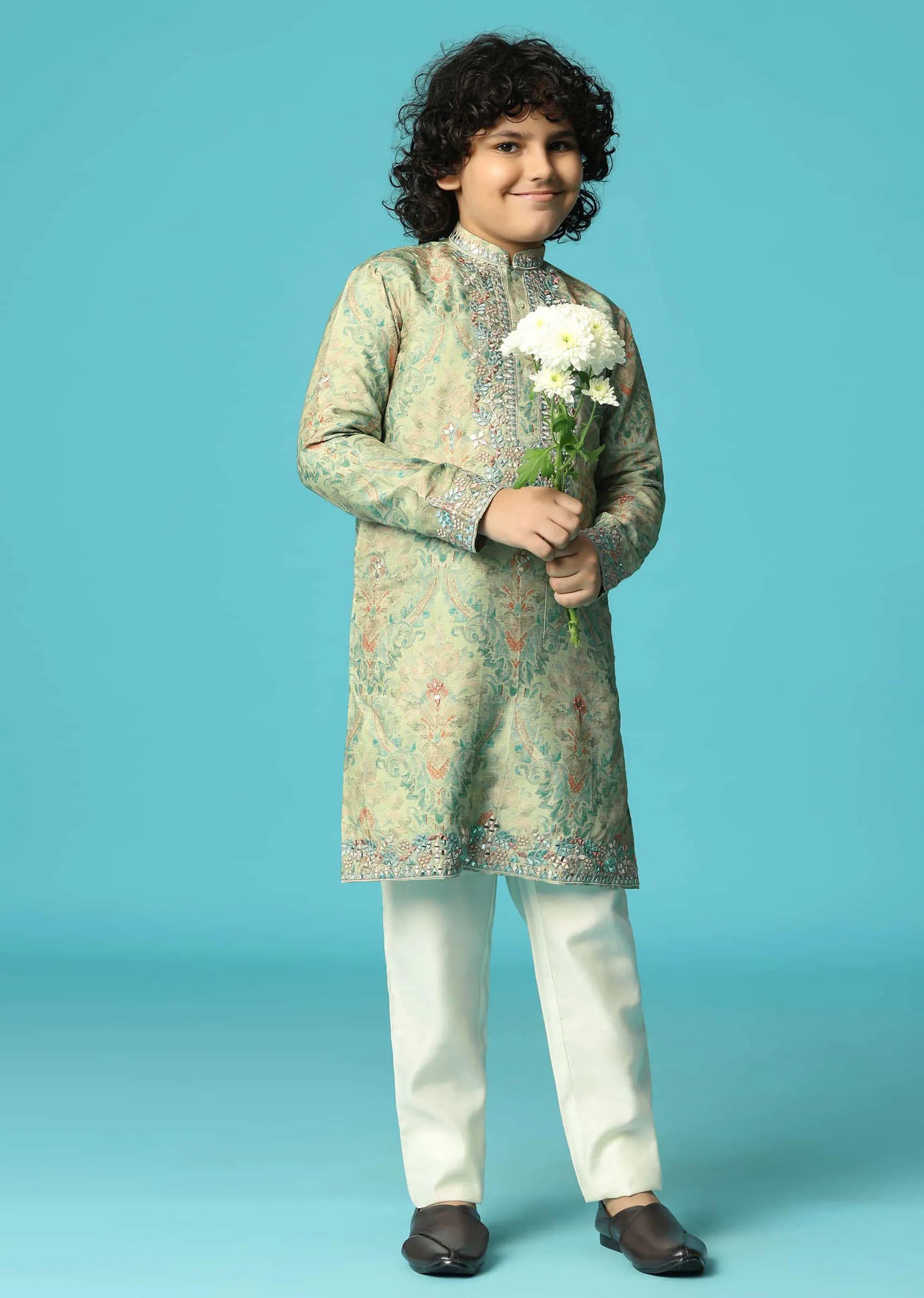 Mint Green Kurta Pant With Thread And Mirror Work For Boys