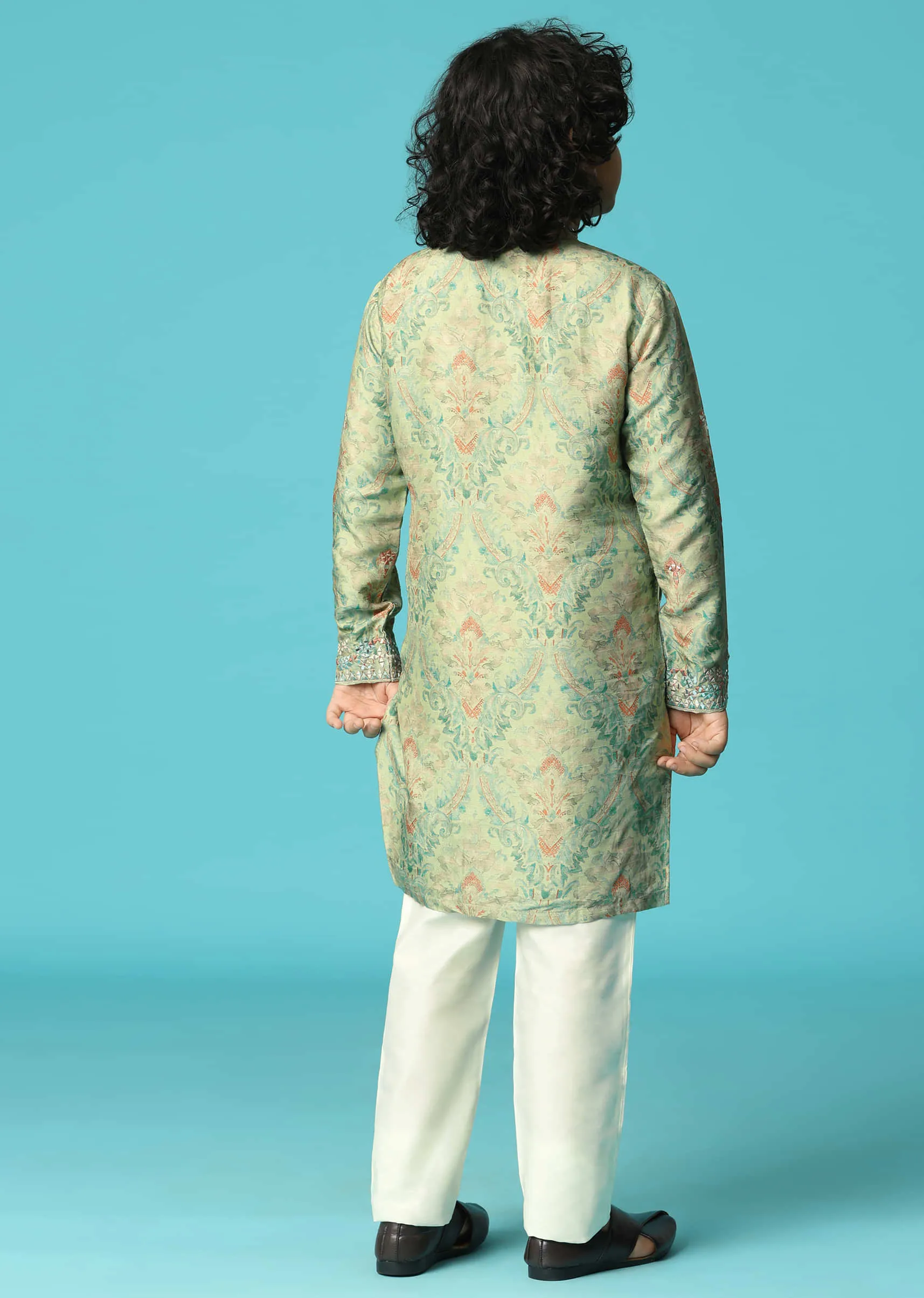 Mint Green Kurta Pant With Thread And Mirror Work For Boys