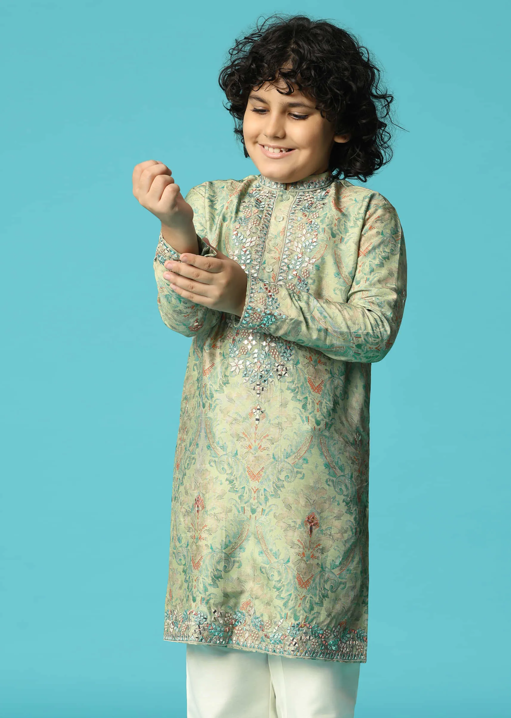 Mint Green Kurta Pant With Thread And Mirror Work For Boys