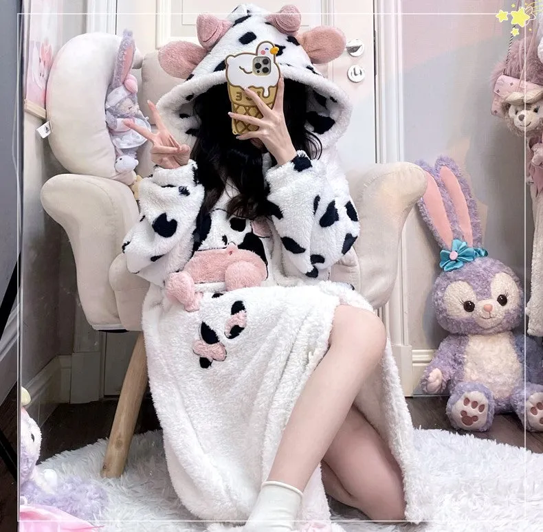 Moo Cow Black White Thick Plush Fleece Winter Pajamas Hooded Bathrobe & Pants Set
