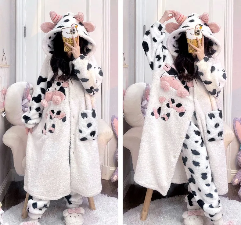 Moo Cow Black White Thick Plush Fleece Winter Pajamas Hooded Bathrobe & Pants Set