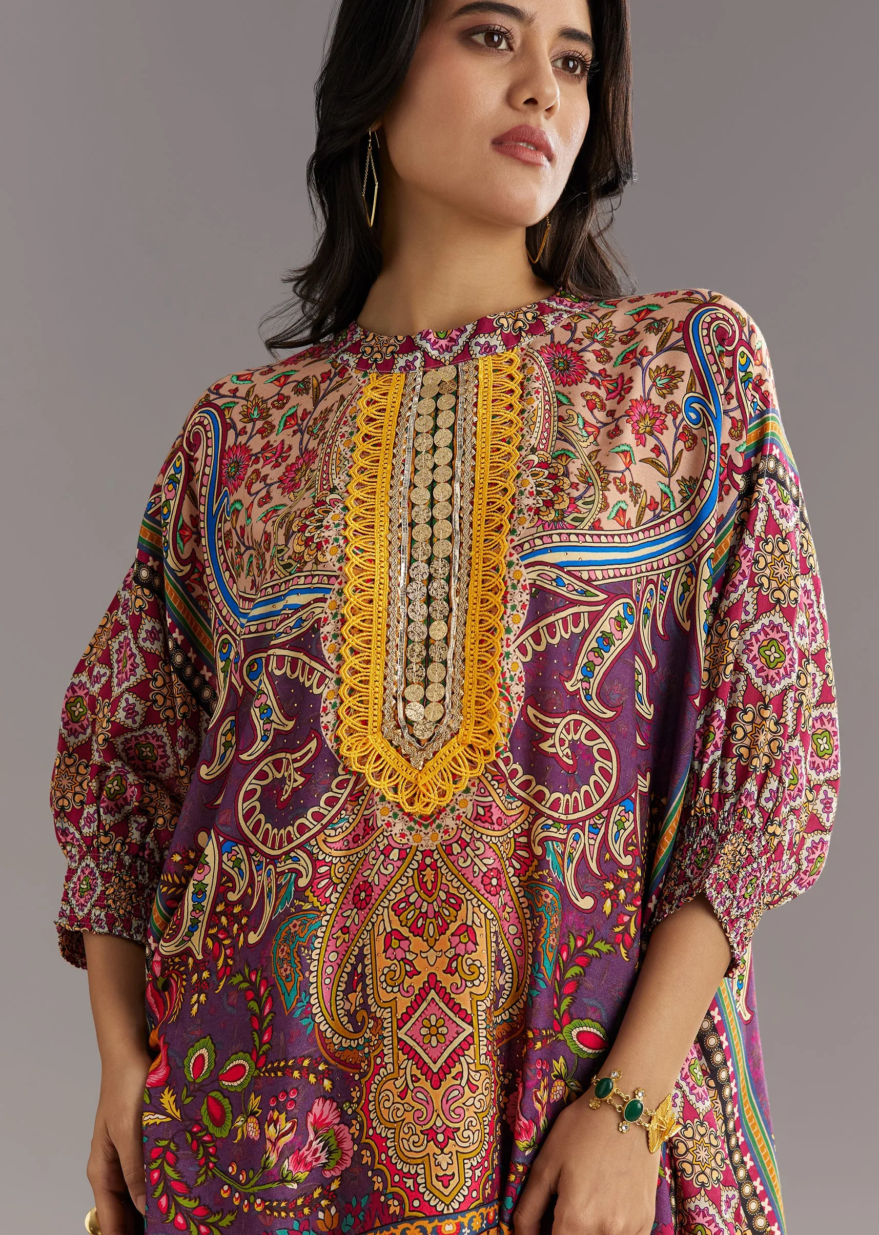 Multi Color Printed Kaftan Set With Stone and Lace Work and Matching Potli Bag
