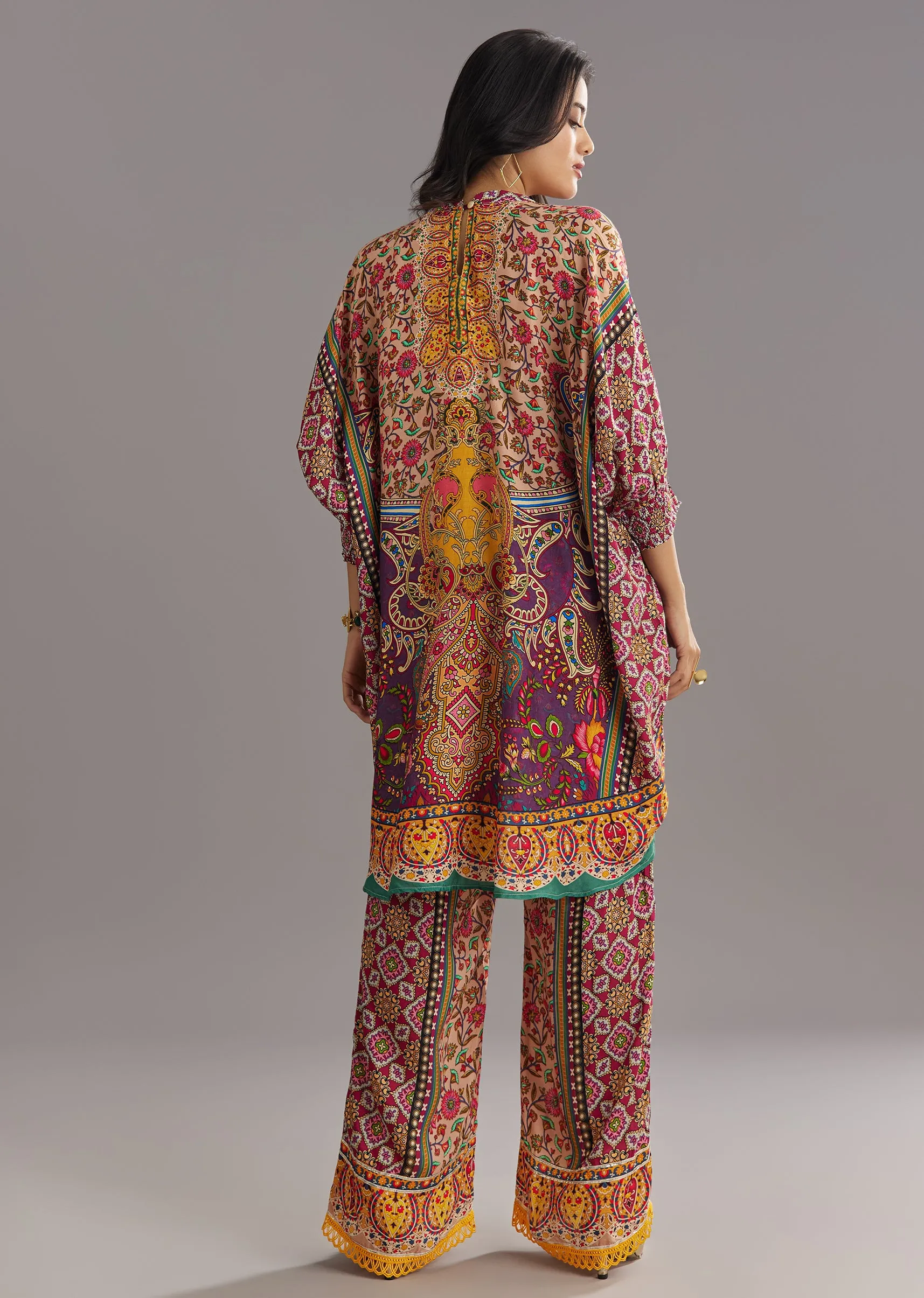 Multi Color Printed Kaftan Set With Stone and Lace Work and Matching Potli Bag