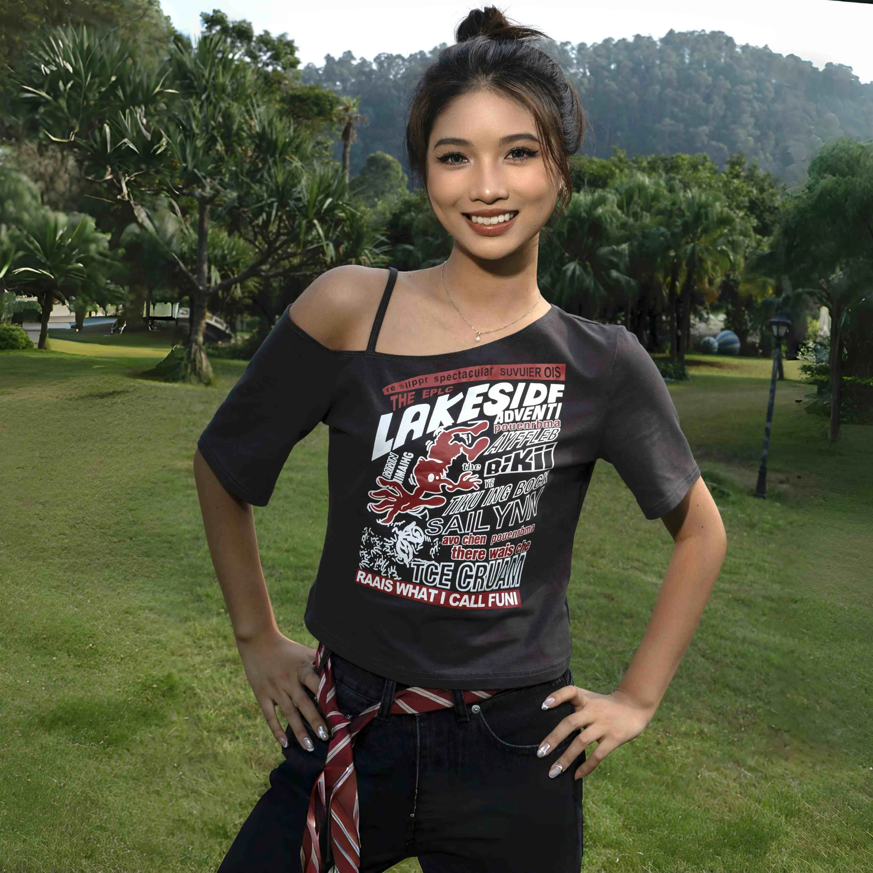 Relaxed Graphic Print Off-Shoulder T-Shirt