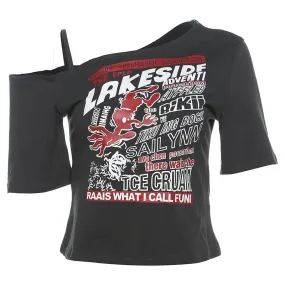 Relaxed Graphic Print Off-Shoulder T-Shirt