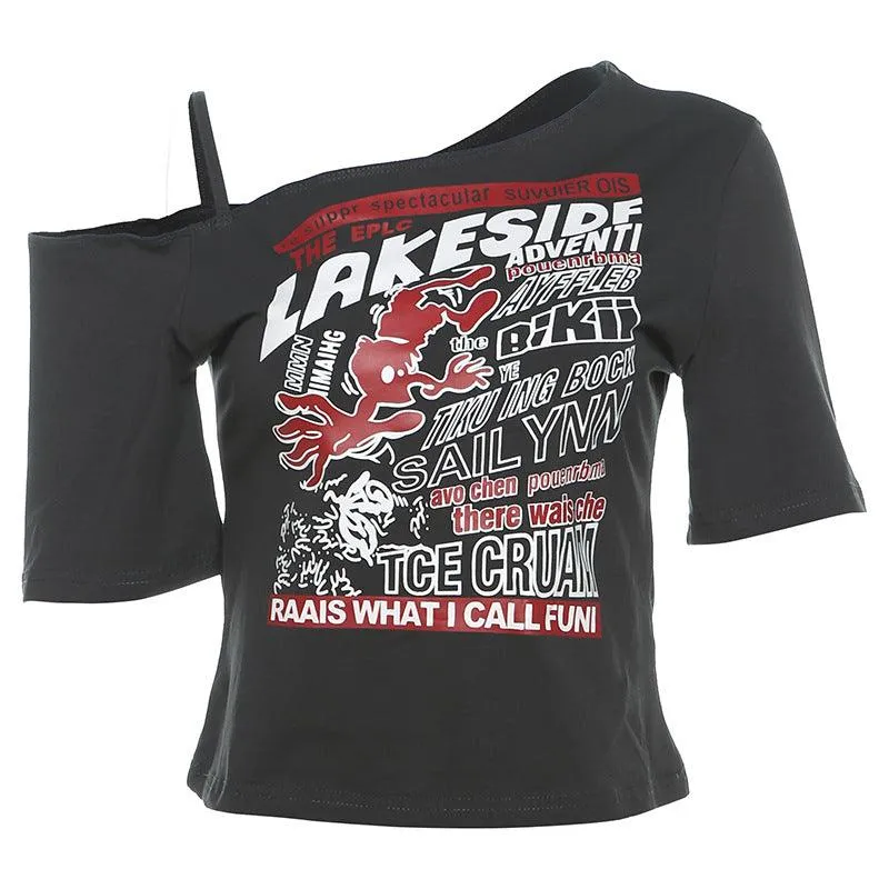 Relaxed Graphic Print Off-Shoulder T-Shirt
