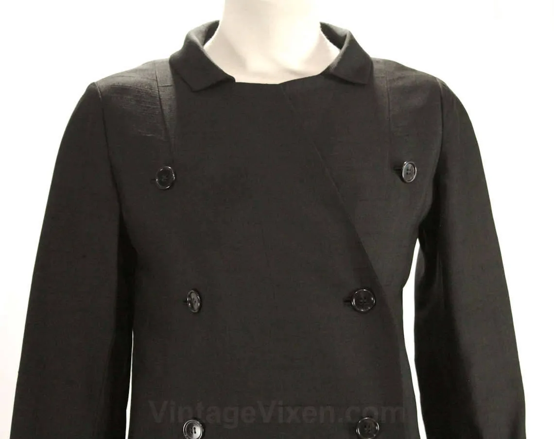 Size 6 Black Jacket - Beatnik Chic 1960s Silk Blazer - Mid Century 60s Avant Garde Double Breasted Suit Jacket - Bust 33.5 - 48799