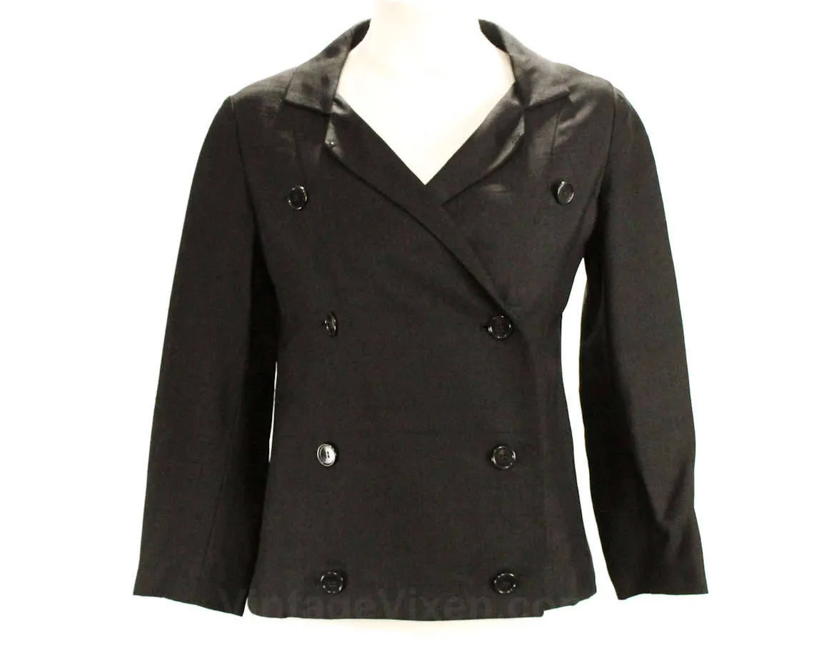 Size 6 Black Jacket - Beatnik Chic 1960s Silk Blazer - Mid Century 60s Avant Garde Double Breasted Suit Jacket - Bust 33.5 - 48799