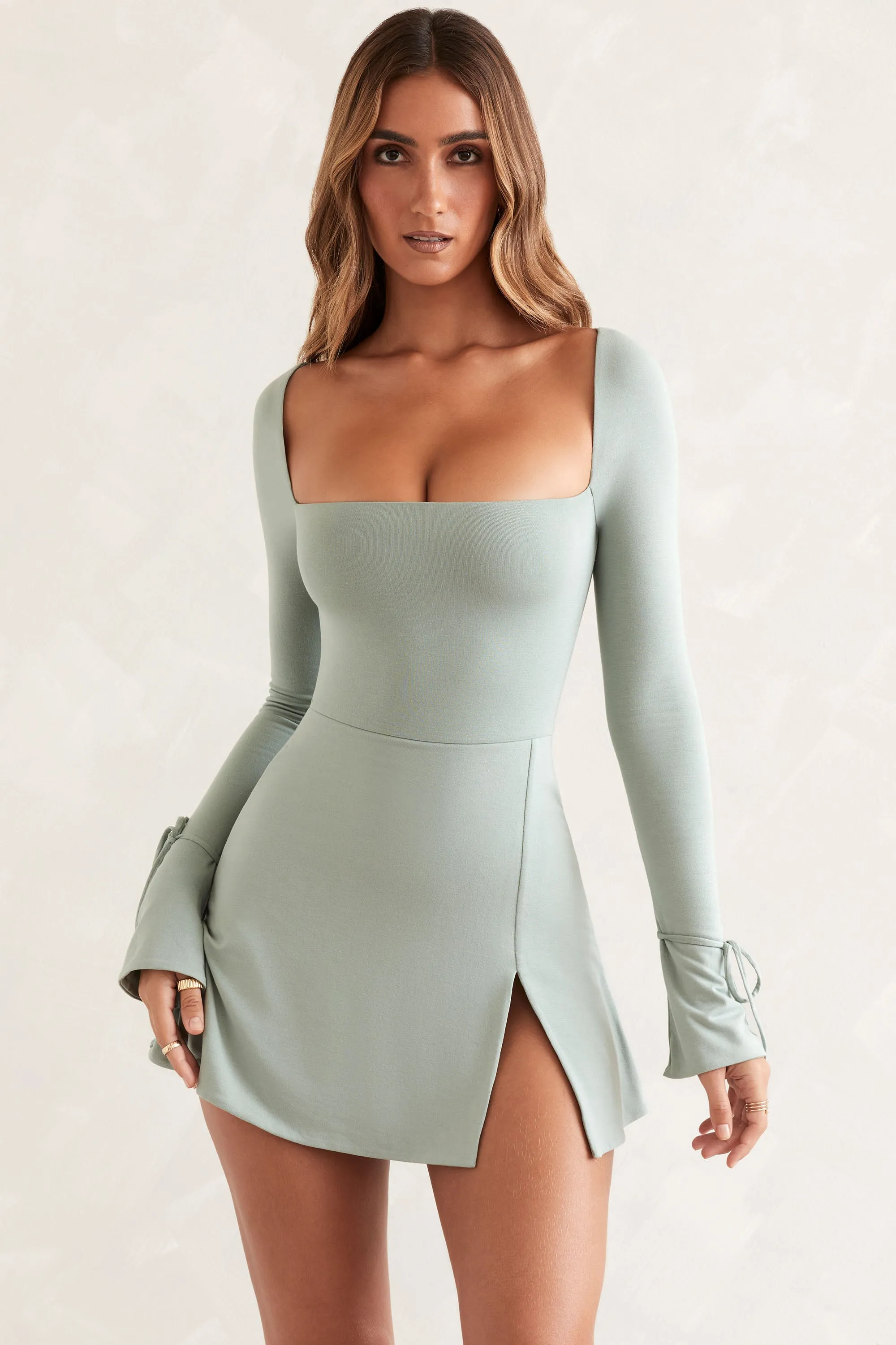 Square Neck Long Sleeve Mini Dress in Sage