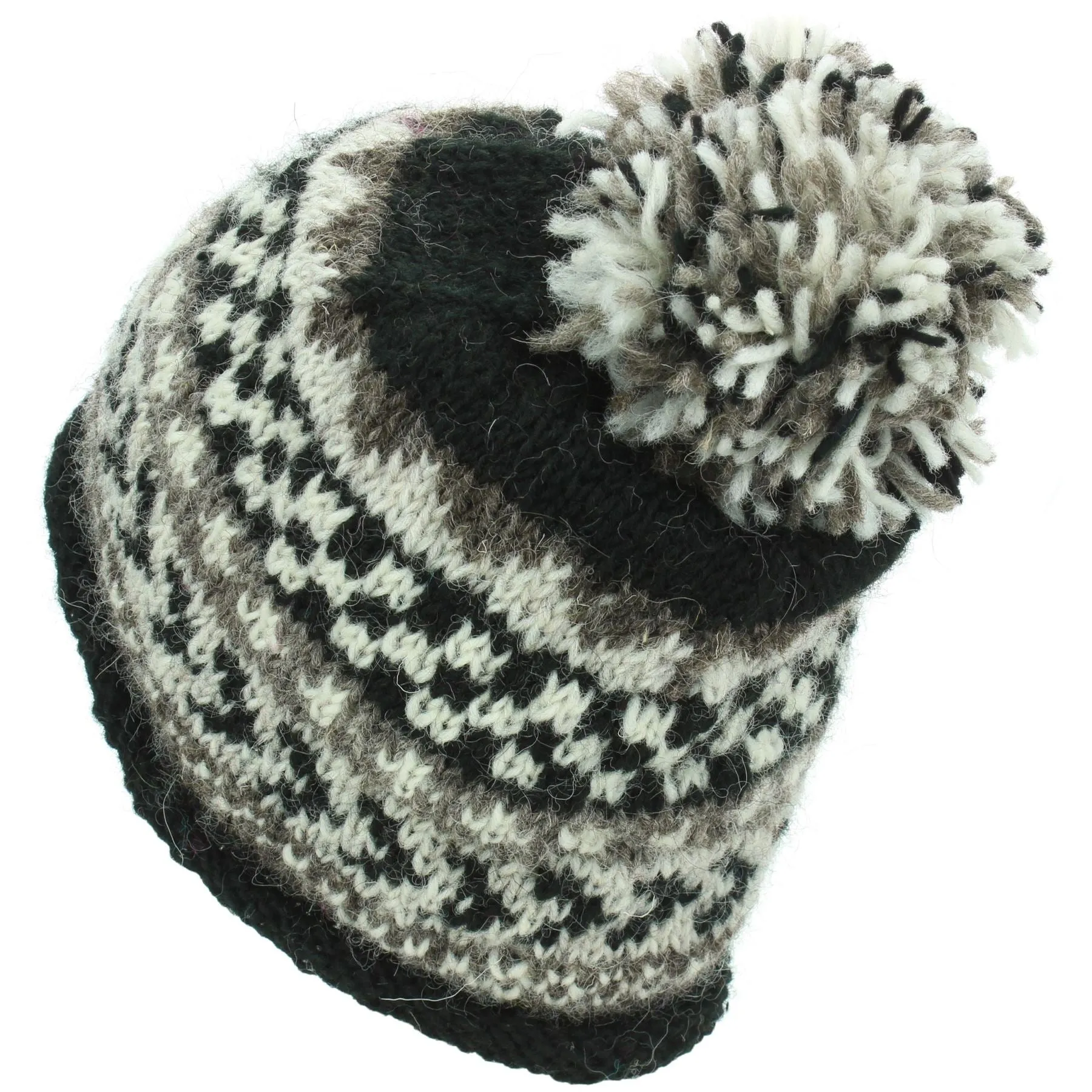 Wool Knit Beanie Bobble Hat - Chevron - Black