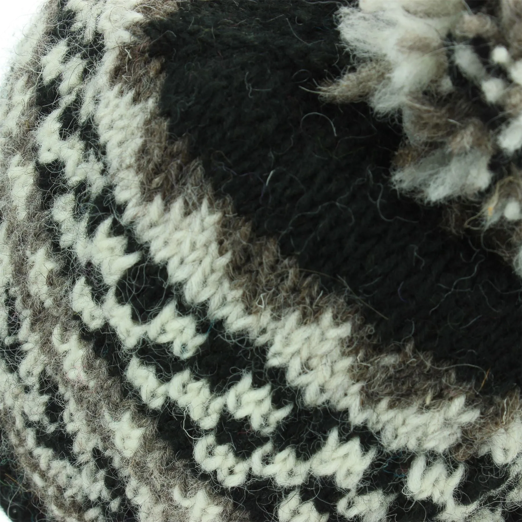 Wool Knit Beanie Bobble Hat - Chevron - Black