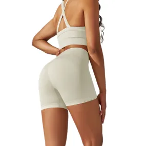 Yoga Shorts Set Seamless Magic Hip Lift Invisible Cross Over Bra and Tights Short Hot Pants White Size S, M, L, XL